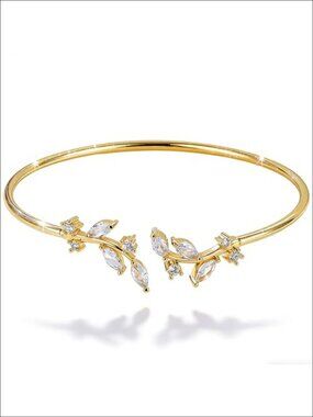 Leaf Arm Cuff Bracelet Silver Plated Copper Cubic Zirconia Wrap for Women